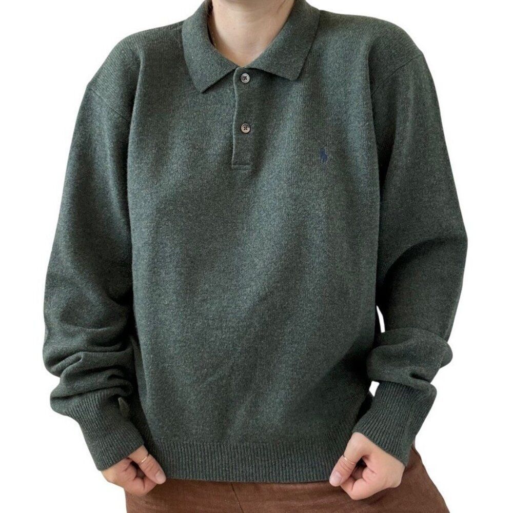 Vintage Mens 1990s Polo Ralph Lauren Lambswool Teal Green Collared Sweater XL - Picture 4 of 8